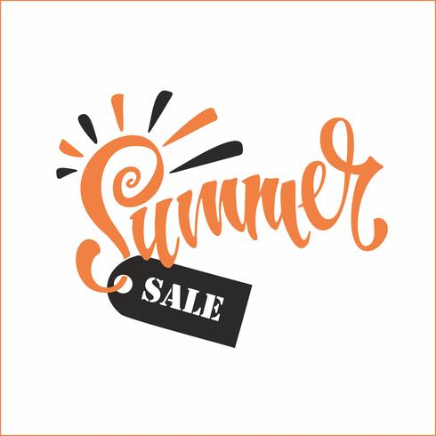 Summer sale.  Lettering. Sun and rays. Tag design for discount. Shopping on site. Vector illustration.