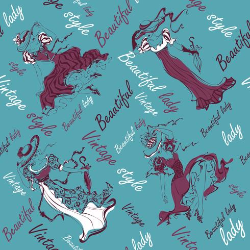 Seamless pattern. Vintage girls. Beautiful ladies in vintage outfits and hats. Inscriptions. Vintage style. Beautiful lady. Design for fabric and wrapping paper. Turquoise background.Vector. vector