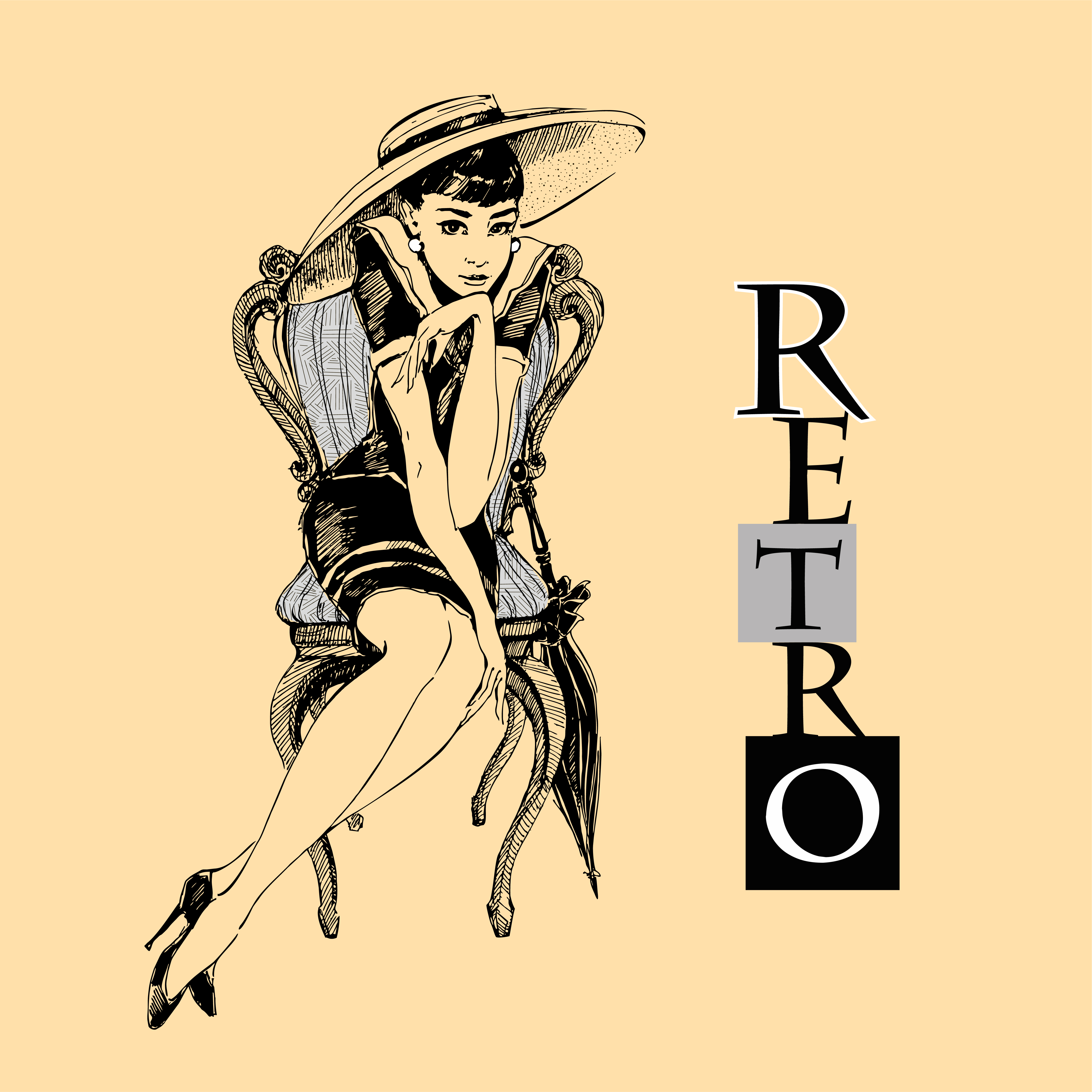 Download Retro girl in hat. Elegant lady. Graphics. Vector ...