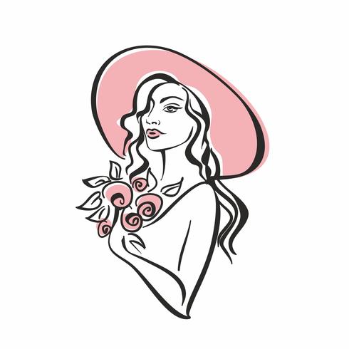 Portrait of a girl in a hat with flowers. Vintage. Elegant girl model. Vector