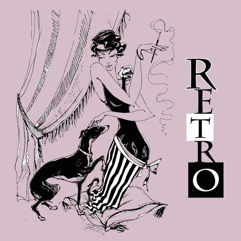 The lady with the Greyhound. Retro-style. Graphics. Monochrome. Vector. vector