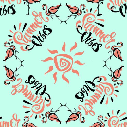 Seamless pattern. Flamingo. Summer viber. Lettering. Stylish summer print. Tropical Turquoise background Vector. vector