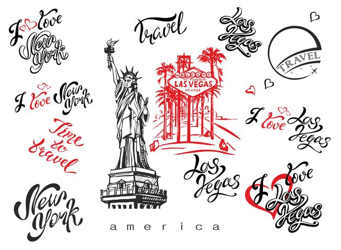 ESTADOS UNIDOS. Conjunto de elementos para el diseño. Las Vegas. Nueva York. Bocetos de referencia. Estatua de la Libertad. Letras inspiradoras. Plantillas de etiquetas confeccionadas. Vector. vector