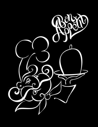Chef. Logotype. Cook. Bon appetit. Stylish lettering. Black background. The effect of the chalk Board. vector illustration.