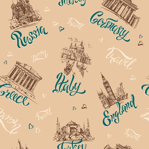 Seamless pattern. Countries and cities. Lettering. Sketches. Landmarks. Travel. Russia, Greece, Turkey, Italy, Germany. Vector. vector