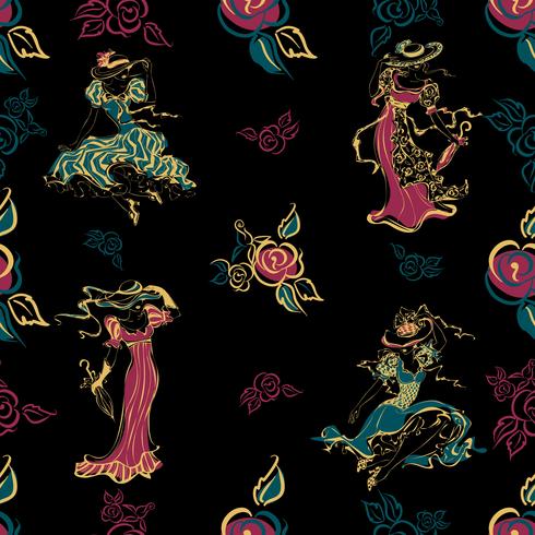 Patrón sin costuras Chicas vintage Hermosas damas en trajes vintage y sombreros. Ramo de rosas. las flores Estilo vintage. Diseño para tela y papel de envolver. .turquesa, dorado, negro.Vector. vector