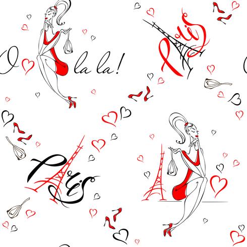 Patrón sin costuras Chica en paris Estampado romántico. Chica modelo en el fondo de la torre eiffel. O La La. Letras. Copas. Vector. vector