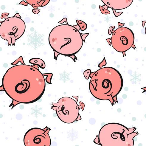 Seamless pattern. Flying Christmas pigs . The sky snowflakes. Vector. vector