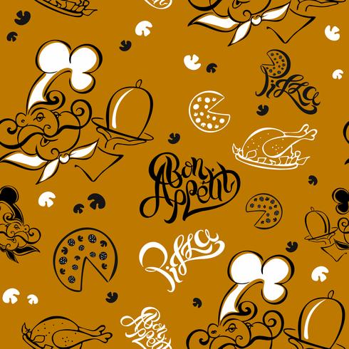 Seamless pattern. Chef. Kitchen theme. Logotype. Cook. Bon appetit. Pizza. Stylish lettering. vector illustration.