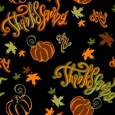 Día de Gracias. Modelo inconsútil. Calabaza alegre inspiradora de las letras y hojas de otoño en fondo negro. Alegre estampado festivo para tela o papel. Vector. vector