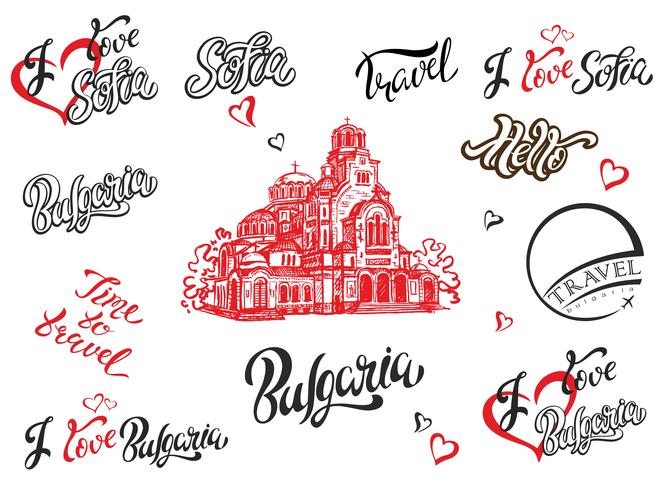 Bulgaria. Sofia. Set of elements for design. Lettering. The sketch of the Cathedral of Alexander Nevsky. Travel.Vector. vector