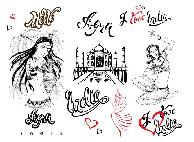 India. Conjunto de elementos para el diseño. Agra Boceto del Taj Mahal. Niñas indias en traje nacional. Bailarín. Letras con estilo Viajar. Inscripciones terminadas. Vector. vector