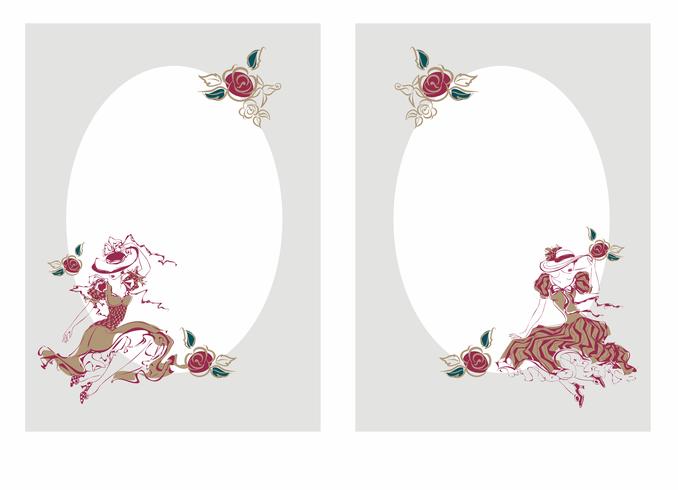 Frame, postcard. Vintage girls in hats. The oval frame. Greeting card for congratulations. Vector. vector