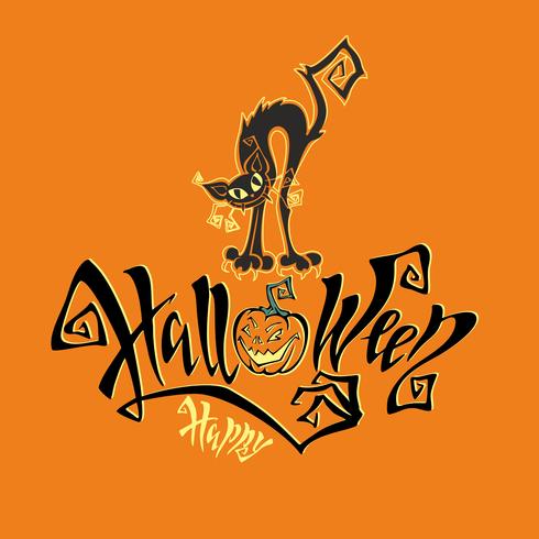 Halloween. A fun card for all saints ' Day. Magical magic lettering. Funny cartoon black cat monster. Bat. Orange background. Vector. vector