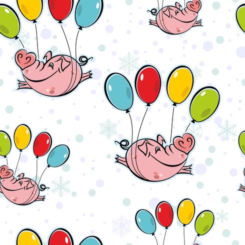 Seamless pattern. Flying pigs on balloons. The sky snowflakes. Vector. vector