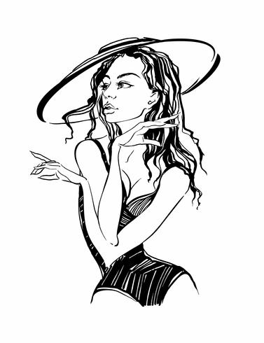 Chica modelo en un sombrero. Bosquejo. estilo de belleza. Ilustración de moda. El poder del dibujo. Vector. vector