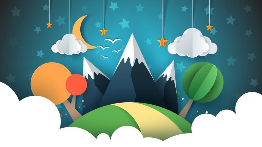 Paper travel illustration sun, cloud, hill, mountain, bird. vector