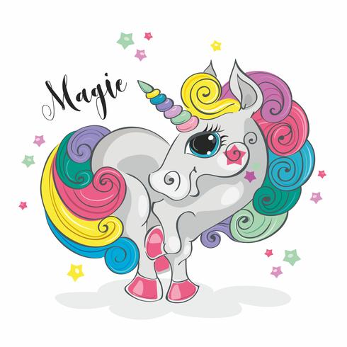 Unicornio mágico. Pony de hadas Melena del arco iris Estilo de dibujos animados Vector. vector