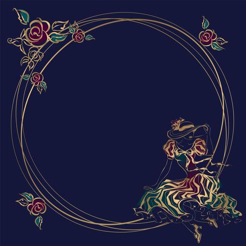Frame, card.Vintage girl. In the hat, with umbrellas. Round frame. Gold. Flowers. Vector. vector