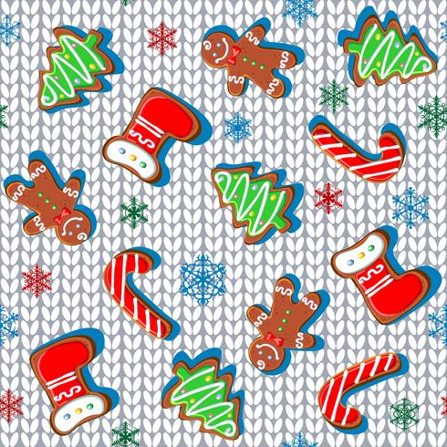 Knitted fabric with gingerbread and snowflakes. Seamless pattern. White. Vector. vector