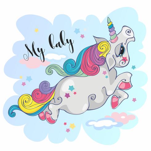 Unicornio mágico. Mi bebé. Pony de hadas Melena del arco iris Estilo de dibujos animados Vector. vector