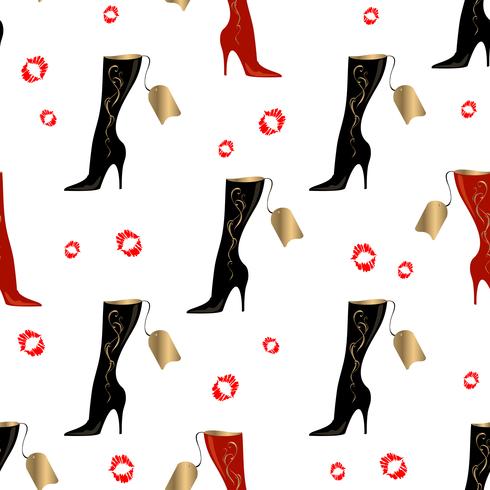 Women's boots. Seamless pattern. Lipstick print. White background.Vector vector