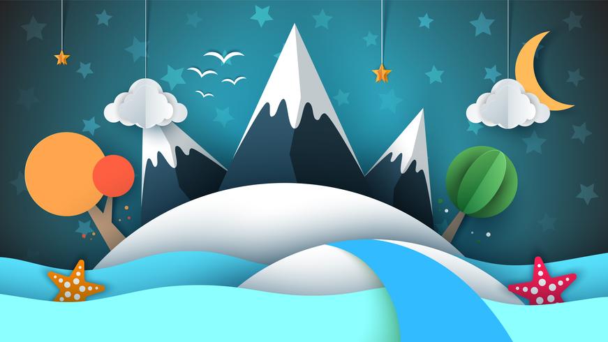 Isla de papel cartoog. Estrella, montaña, nube, luna, mar, estrella, árbol. vector