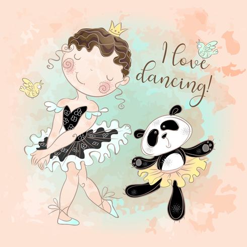 Bailarina baila con la bailarina panda. Amo bailar. Inscripción. Vector