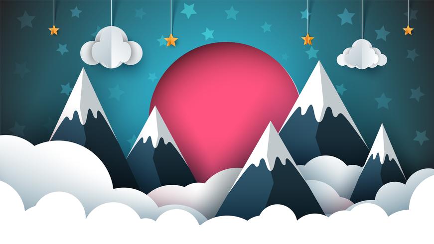 Ilustración de papel de montaña. Sol rojo, nube, estrella, cielo. vector