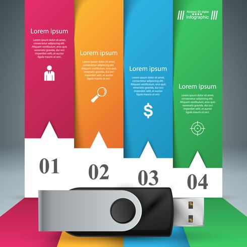 Icono de usb Infografía de papel de cuatro elementos. vector