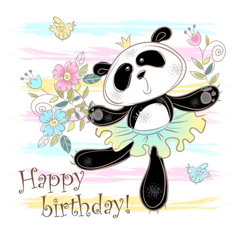 Tarjeta de cumpleaños con un lindo panda en una falda. Vector