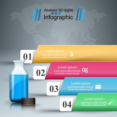 Infografía médica. Botella con receta. Ejemplo del vector del estilo de la papiroflexia de Infographics del negocio.