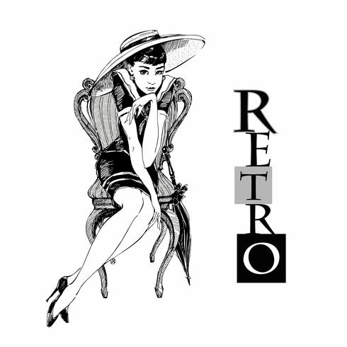 Chica retro en sombrero. Dama elegante. Gráficos. Vector