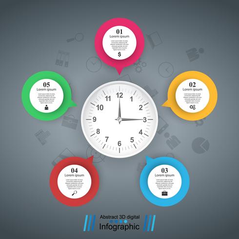 Cinco burbujas de papel. Icono de reloj vector