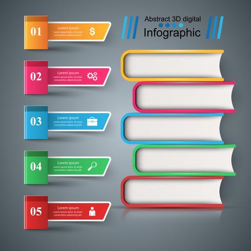 Libro, lectura, educación - infografía escolar. vector