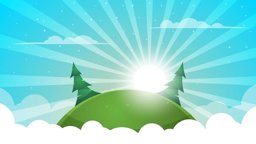 Cartoon landscape - abstract illustration. Sun, ray, glare, hill, fir, cloud. vector