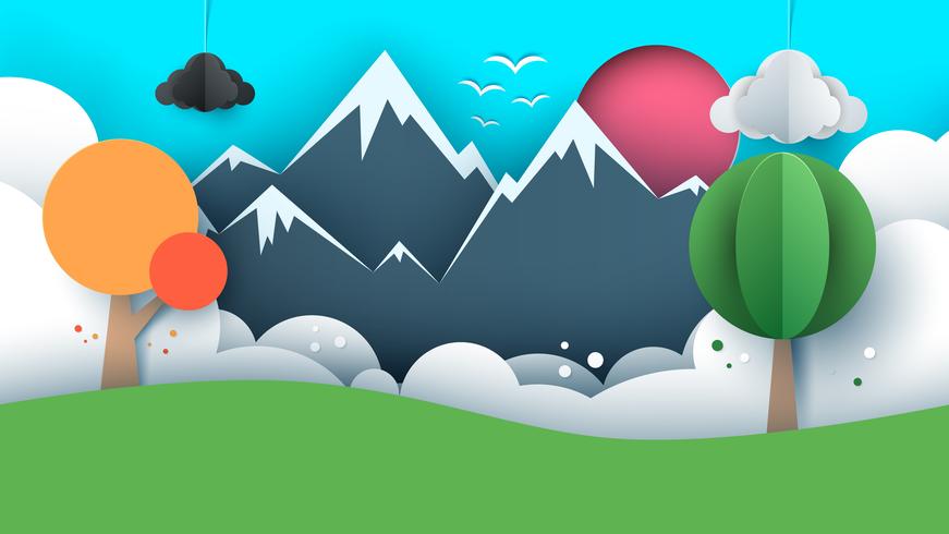 Paper travel illustration sun, cloud, hill, mountain, bird. vector