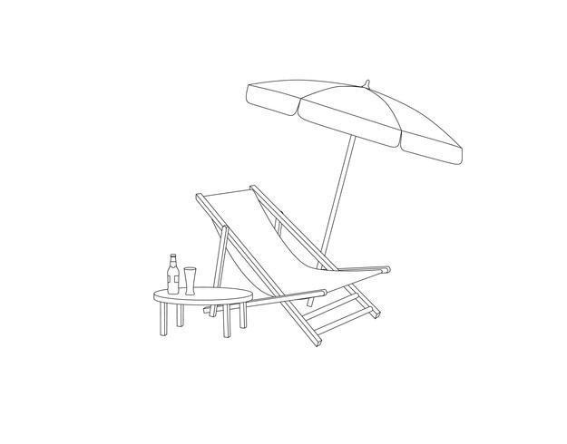 Chaise longue, table, parasol on beach. Deck chair sign of summer holiday Outline drawing vector