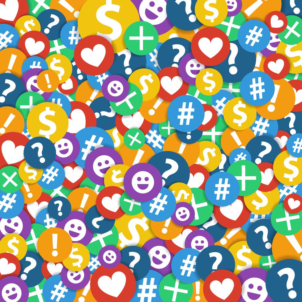 Colorful background of paper stickers with icons, heart,hashtag,dollar