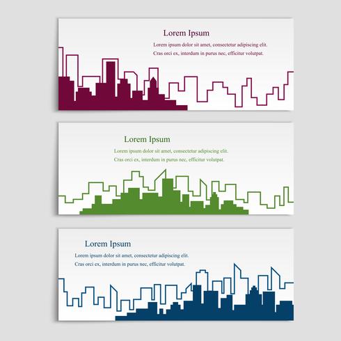 Vector conjunto de banners con siluetas de la ciudad, estilo lineal plana