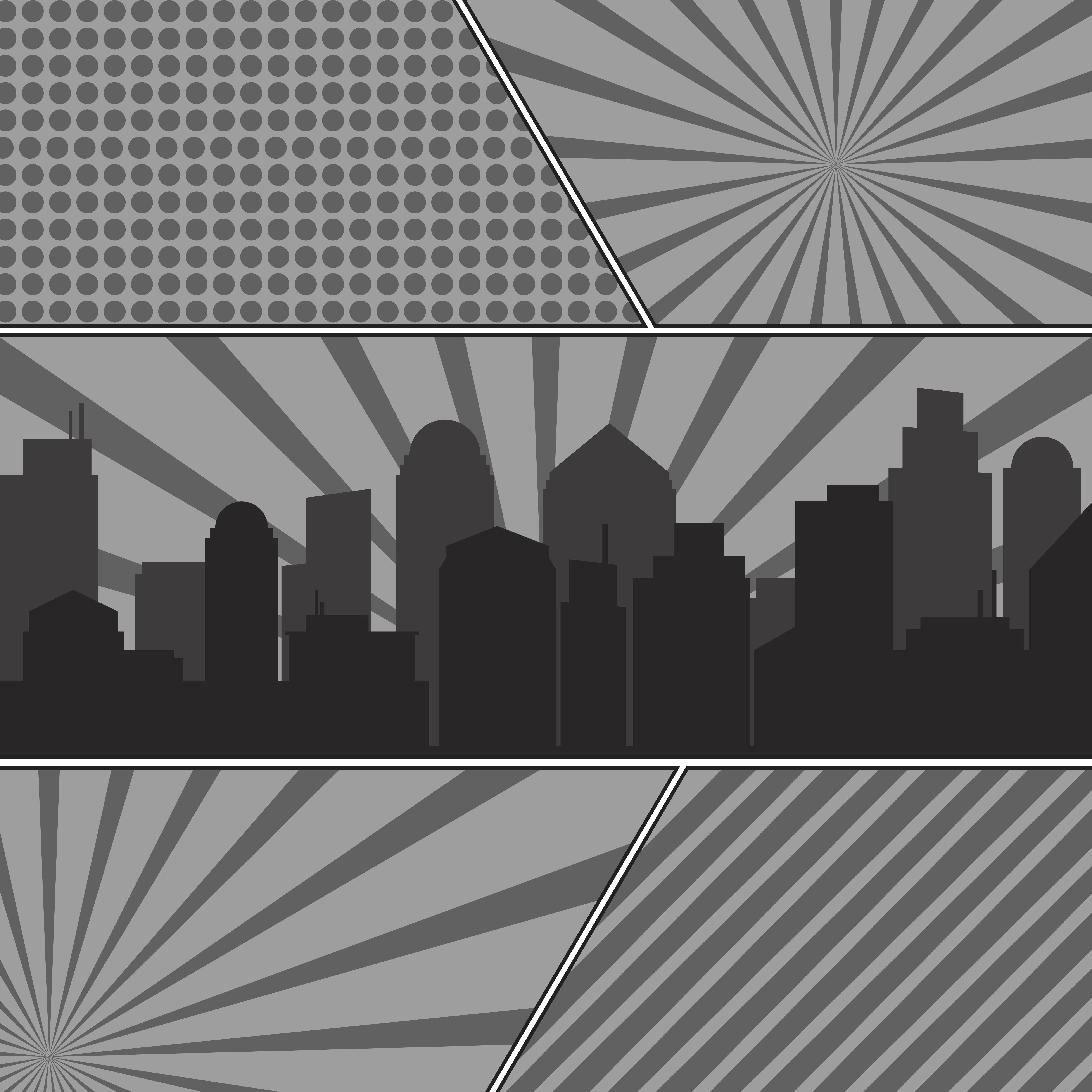 Monochrome comic book pages template with radial backgrounds and city