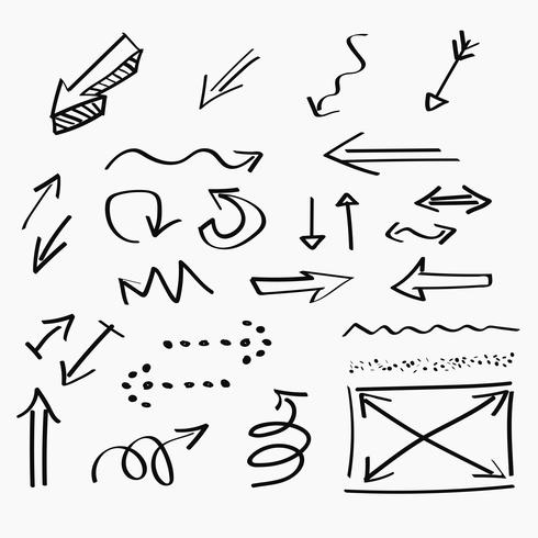 Flechas iconos dibujados a mano y diseño abstracto de la escritura del doodle vector