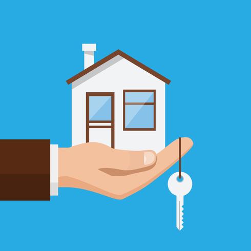 Oferta inmobiliaria, empresario sosteniendo una casa y llave. vector