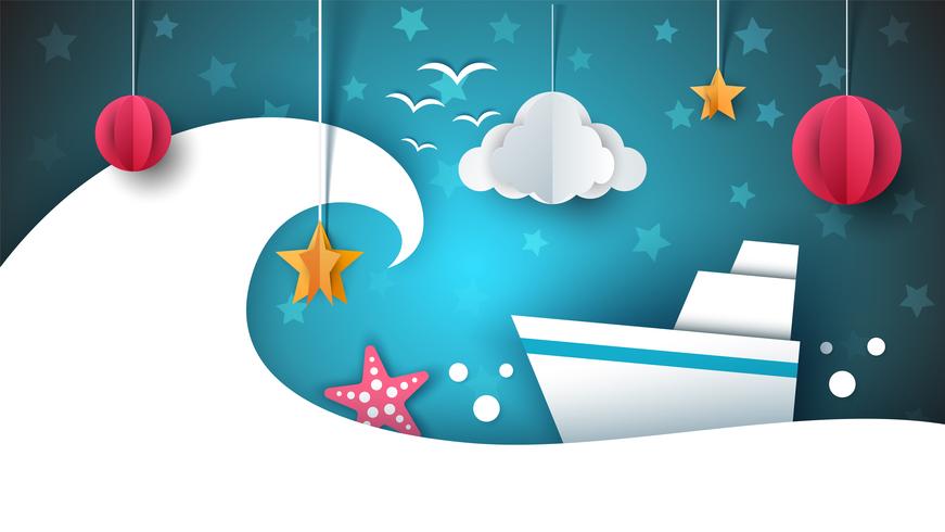 Paper origami illustration. Ship, cloud, star, moon. vector