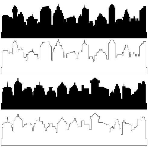 Siluetas negras y lineales de la ciudad, conjunto de vectores de diferentes paisajes urbanos horizontales negros