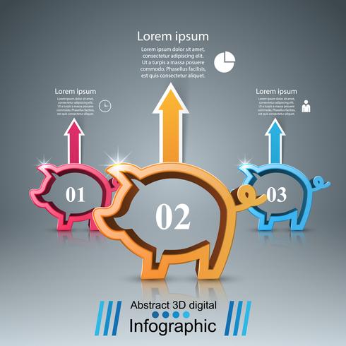Cerdo, moneda 3d - infografía de negocios. vector