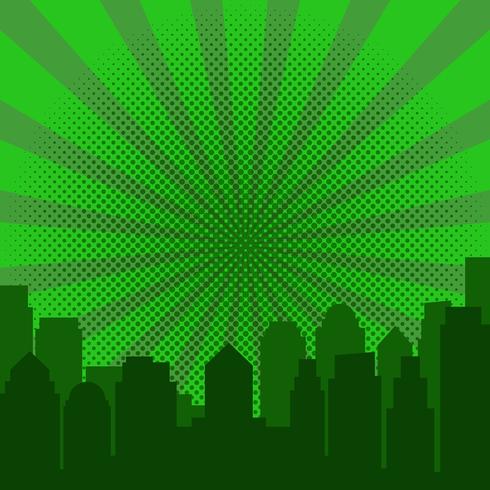 Pop art amanecer y silueta moderna de la ciudad. vector