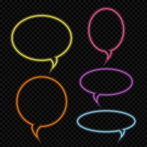 Set of vector neon talk bubbles, bright colored outlined glowing neon speech bubbles