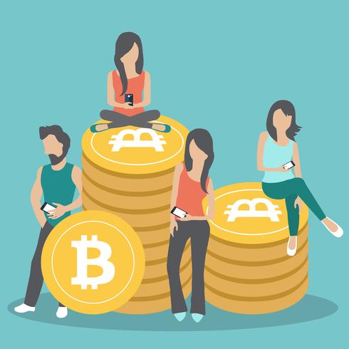 Bitcoin concept vector illustration of young people using laptop and smartphone for online funding and making investments for bitcoin