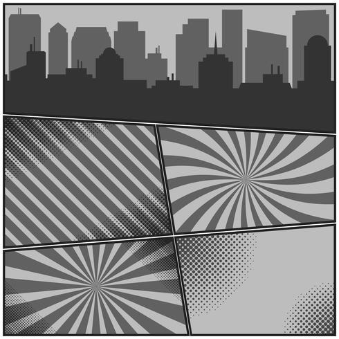 Comic book monochrome pages template with radial backgrounds and city silhouette vector